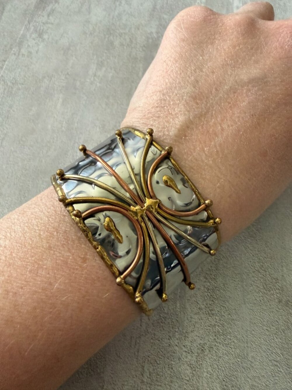 Wide Cuff Bracelet Mixed Metal Design Hammered Finish Brass & Gold-Tone Accents